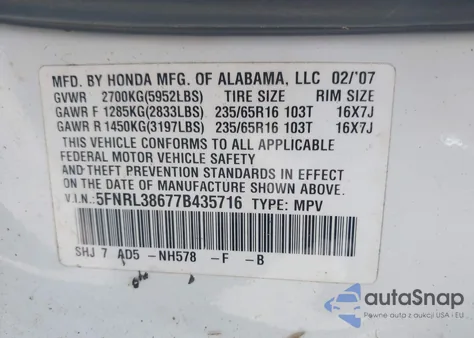 2007 Honda Odyssey Ex-L from USA, damaged, VIN 5FNRL38677B435716